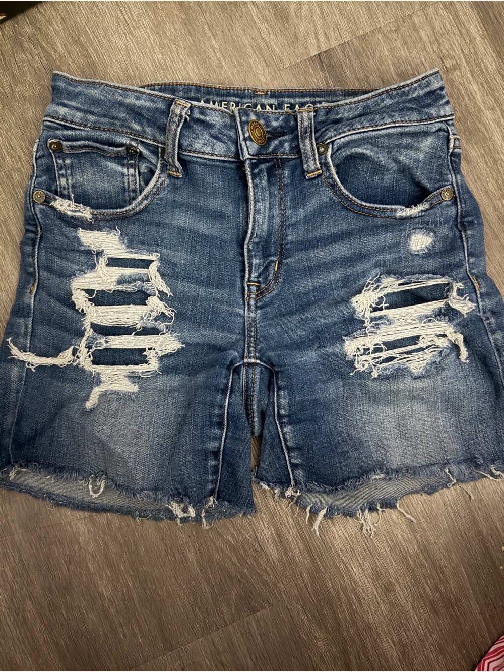 American Eagle Outfitters Size 2 Midi Ripped Dark Blue Denim Shorts
